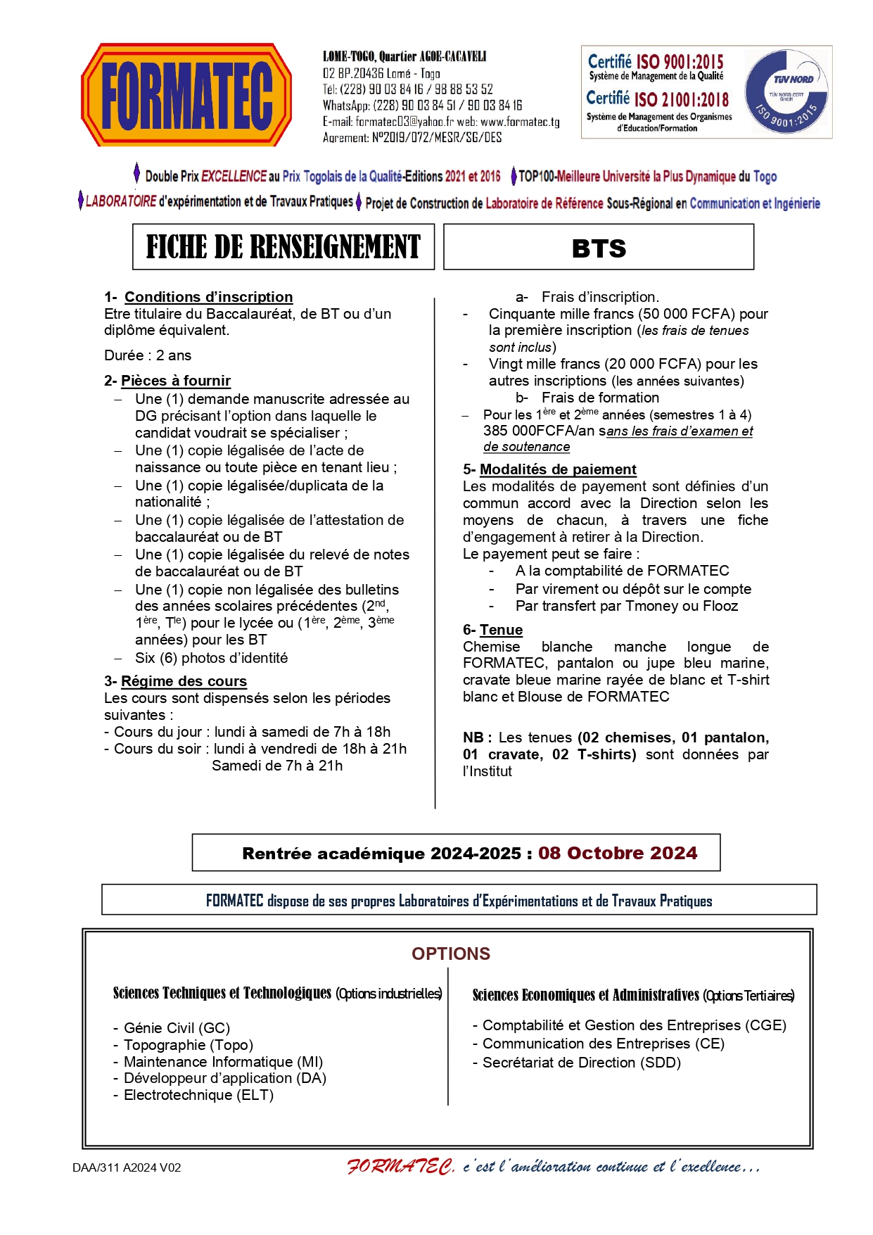 Renseignement BTS FORMATEC