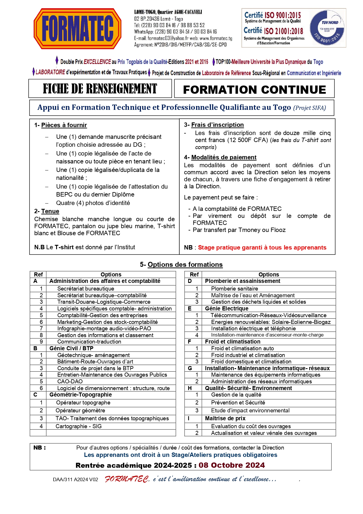 Renseignement Formation Continue FORMATEC