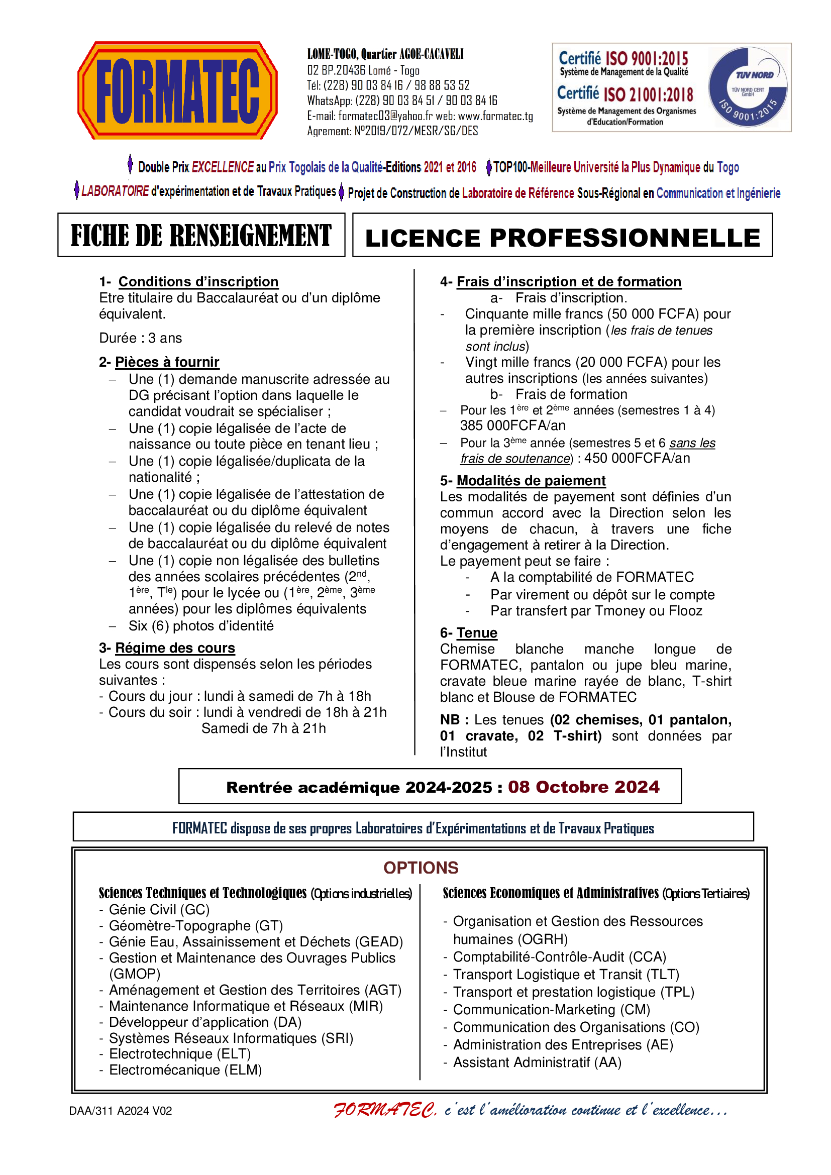 Renseignement Licence Professionnelle FORMATEC