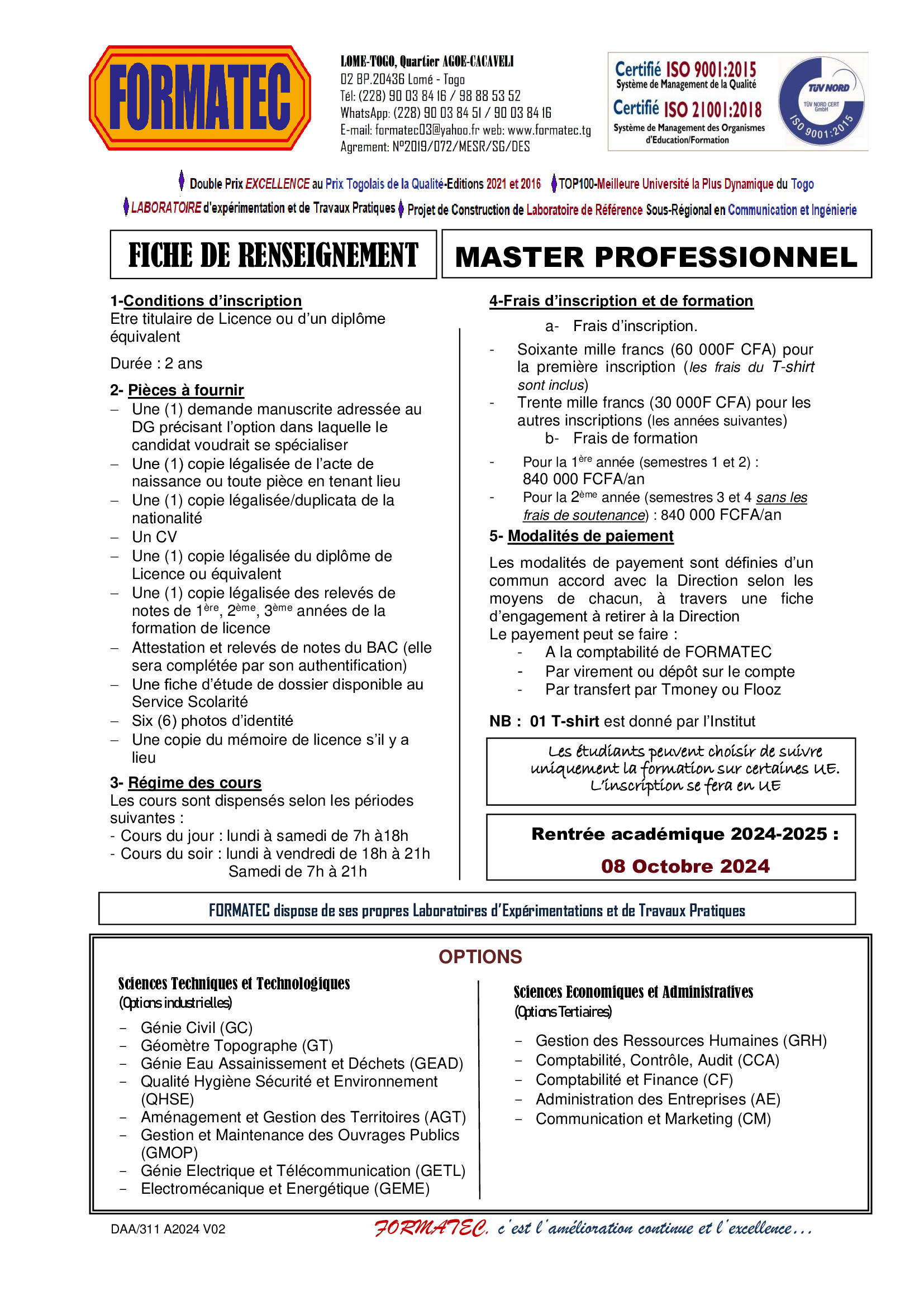 Renseignement Master Professionnel FORMATEC