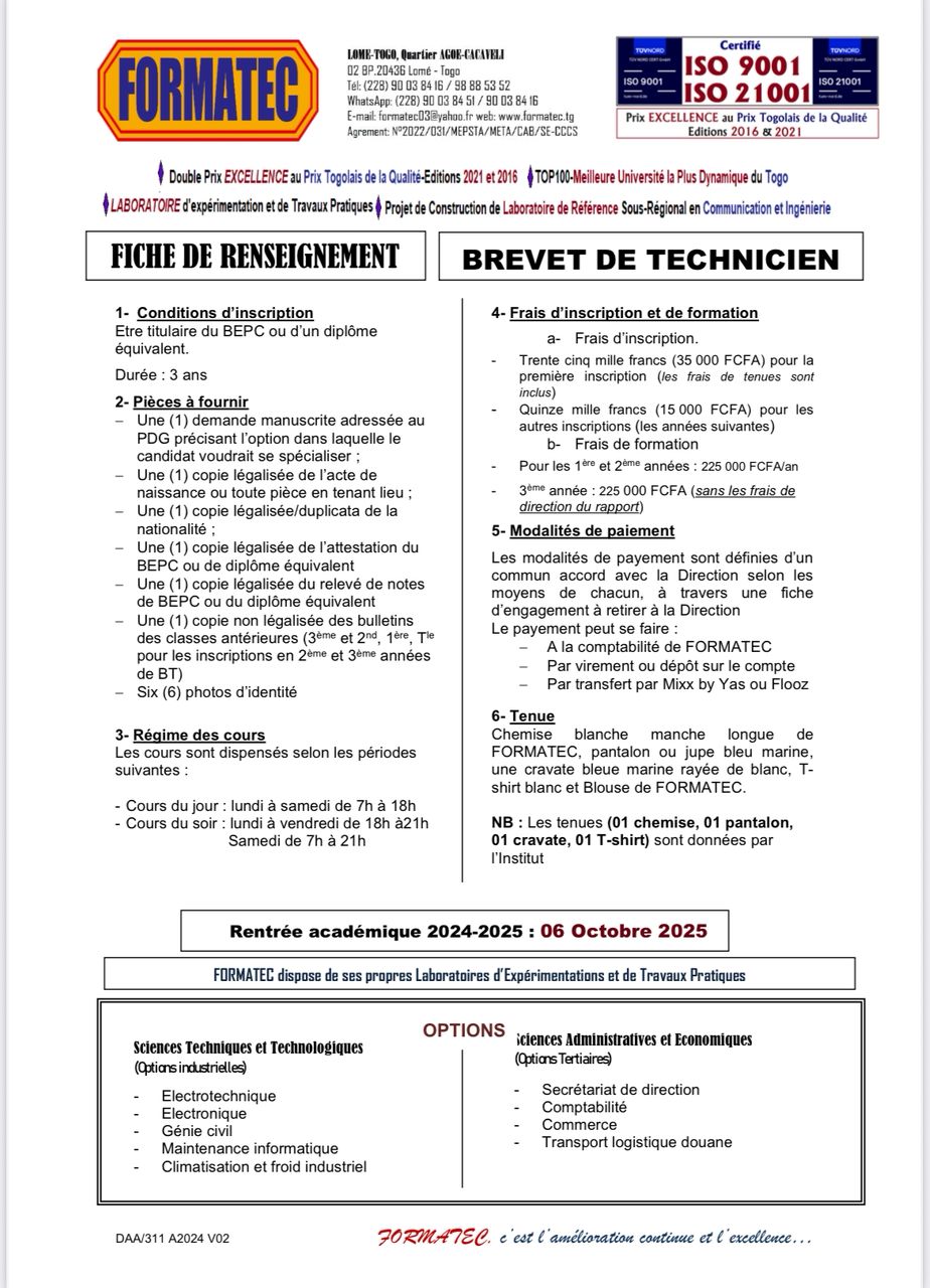 Renseignement BT FORMATEC