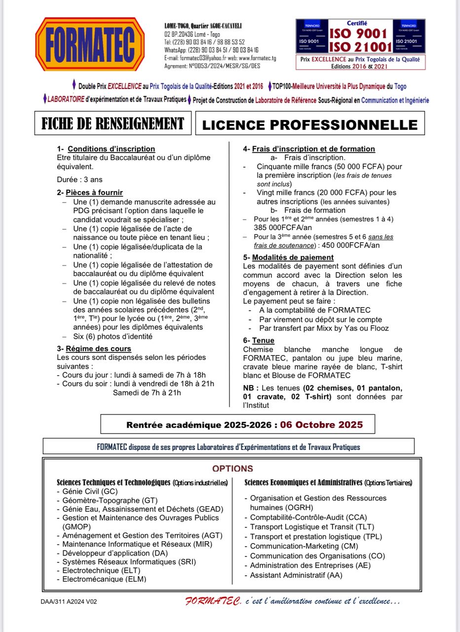 Renseignement Licence Professionnelle FORMATEC